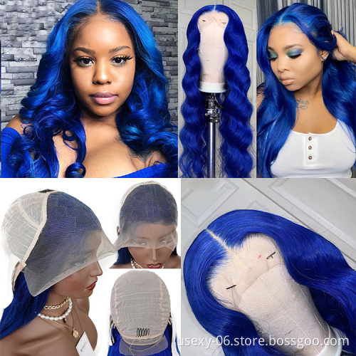 Colourful glueless virgin cuticle aligned lace frontal wigs wholesale 13x6 human hair hd lace front wigs brazilian hair blue wig